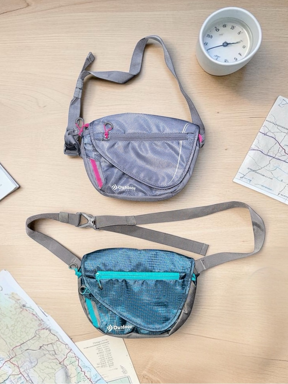 Lot of 2 Outdoor Products Sling Crossbody Hip Bags Pink Gray Teal Multi Pockets